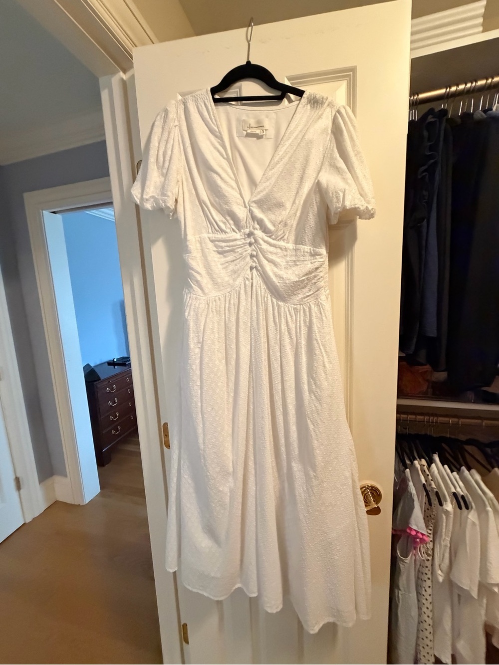 Anthropologie White Textured V-Neck Dress Katerina Button-Front